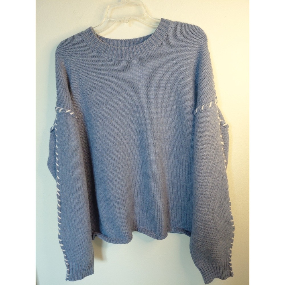 Women's Sweater Light Blue Oversized Sleeves Round Neck Soft Sz XL Slouchy